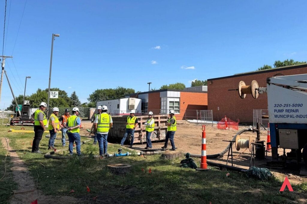 group of people on a site visit to see pinewood elementary's in-progress geothermal install