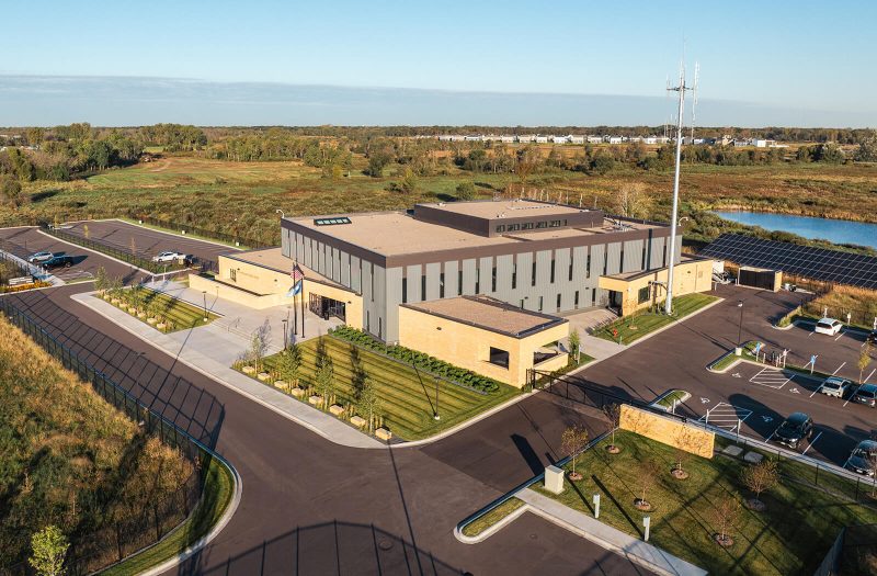 Aerial view of building with geothermal system